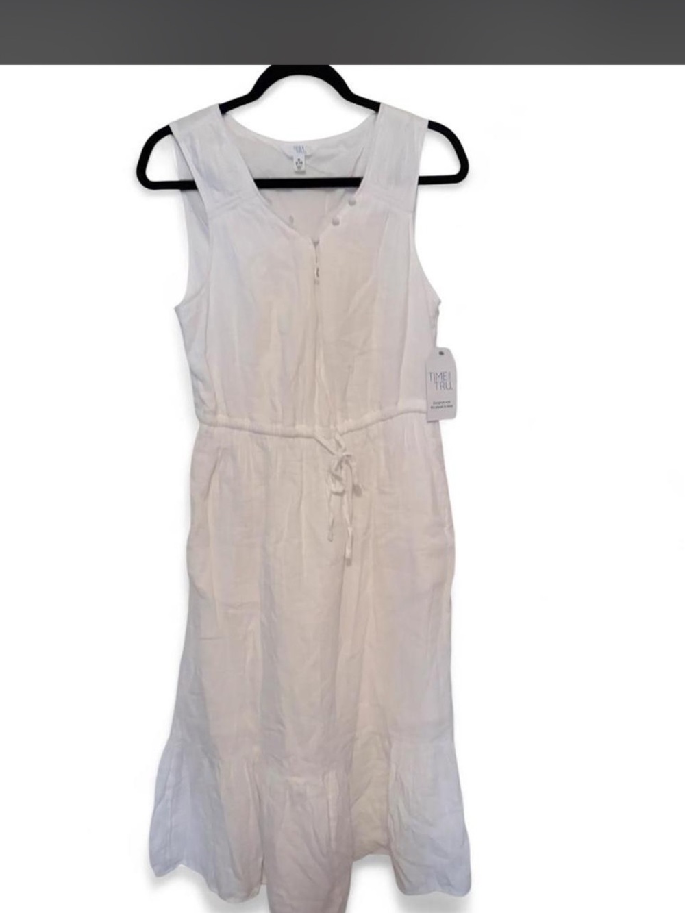 Time and Tru White Sleeveless Button Front Drawstring Midi Dress